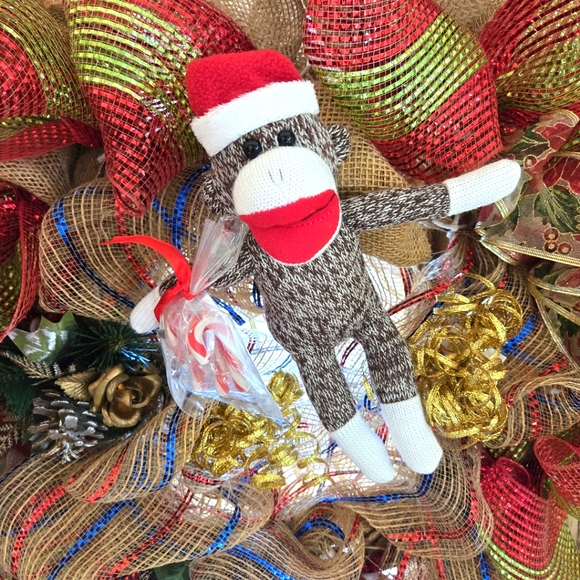Handcrafted Burlap & Mesh Sock Monkey 24" Christmas Wreath - Picture 3 of 13